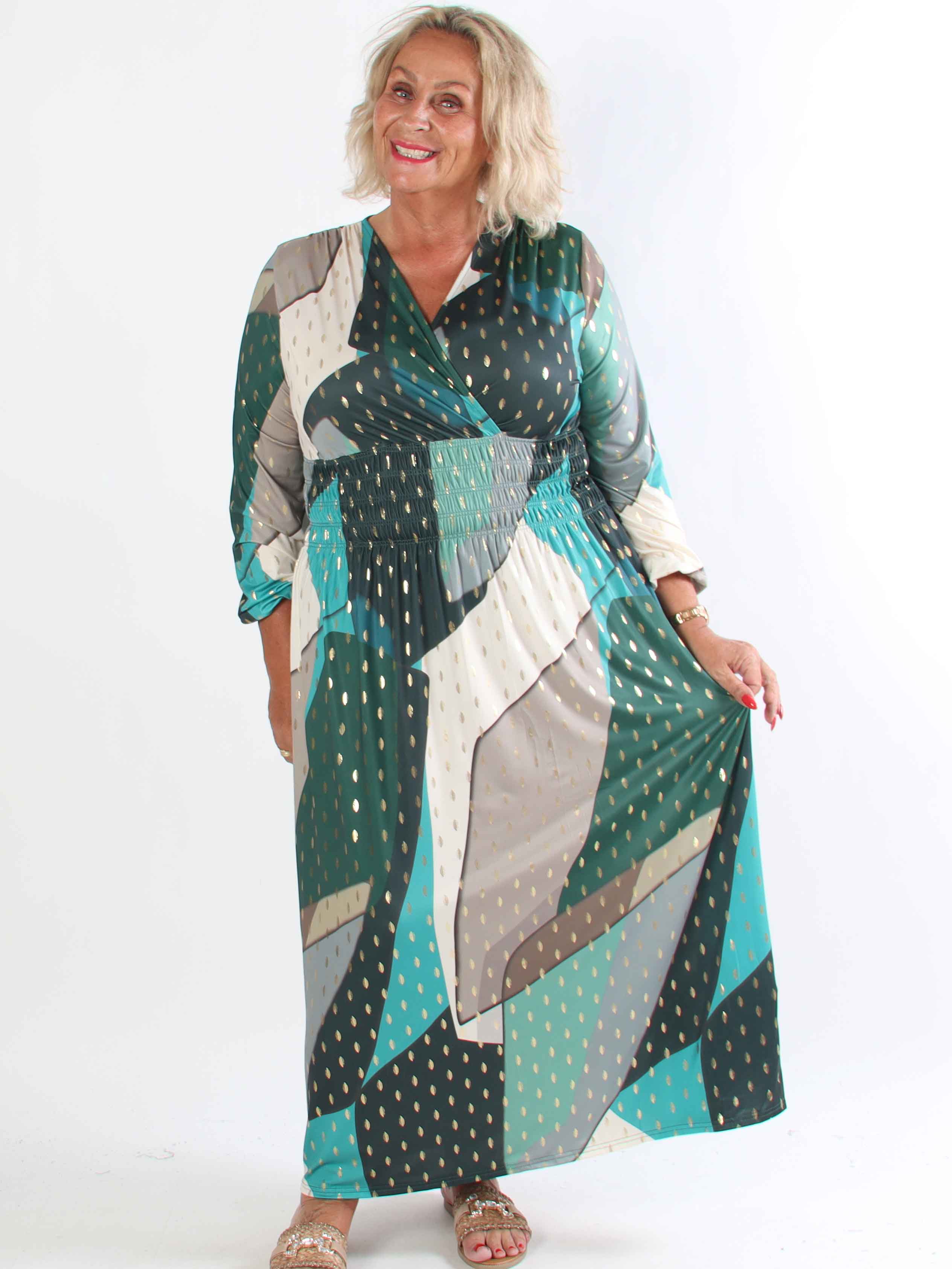 Pams Abstract L/S - Elastisk flerfarvet plus size kjole med guld detaljer